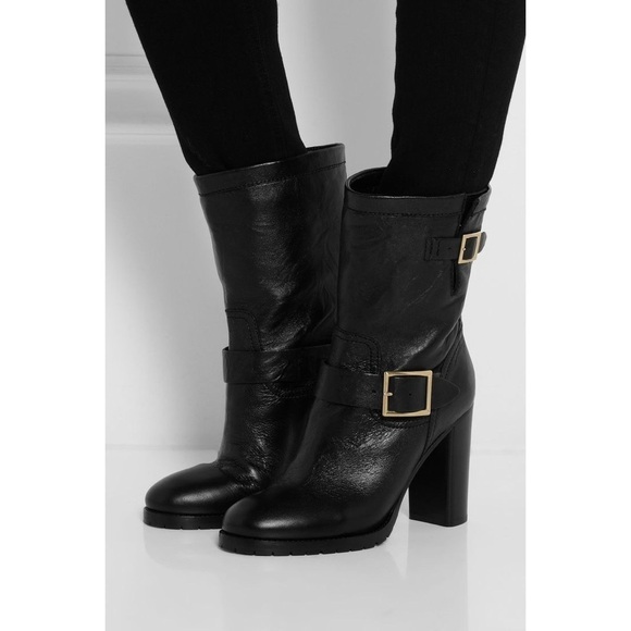 Jimmy Choo Dart Biker Black Leather Moto Combat Mid-Calf Buckle Bootie - Picture 4 of 16